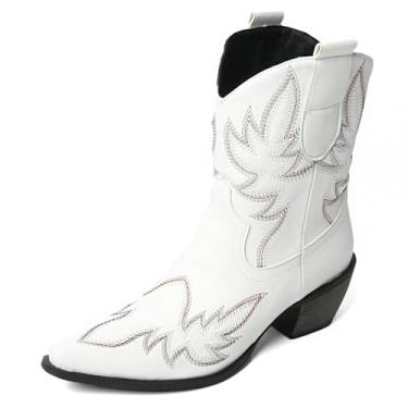 Imagem de MEOTINA Botas femininas pretas de cano curto caubói de panturrilha larga bico quadrado tornozelo bota ocidental sapatos de concerto, Bota de cano curto branca, 36