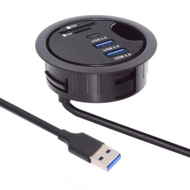 Imagem de Cablecc Hub USB 3.0 de 2 portas SD TF USB-C divisor USB 60 mm com ilhós para mesa leitor de cartão micro SD para PC de mesa (USB3.0 + USB-C+SD/TF)
