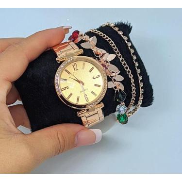 Imagem de Kit Conjunto Relógio Feminino Redondo Strass Pedras Zircônias Quartz L