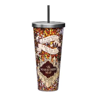 Imagem de Spoontiques Copo grande com glitter do mapa do saqueador de Harry Potter com tampa de aço inoxidável e canudo - 946 ml - acrílico