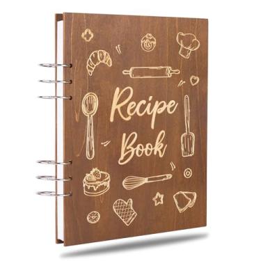 Imagem de Creawoo Livro de receitas de madeira para escrever em suas próprias receitas, livro de receitas em branco personalizado, capa dura DIY receitas de família páginas completas com 6 divisórias coloridas, ideia de presente de culinária - 21,5 cm x 28 cm