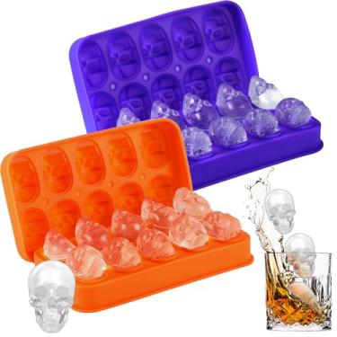 Imagem de Hoolerry Pacote com 2 moldes de cubo de gelo de caveira de silicone para fazer gelo bandeja flexível de cubo de gelo para assar uísque, chocolate, doces de resina (laranja e roxo)