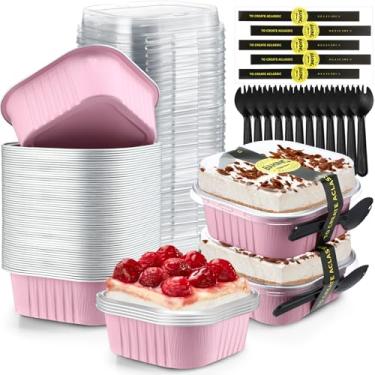 Imagem de Sliner 100 miniformas de bolo de 293 ml com tampas, folha de alumínio, descartáveis, mini copos de bolo com adesivo de garfo e formas quadradas de cupcake para cozinha, festa, casamento, aniversário