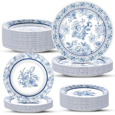 Imagem de Conjunto de artigos de festa floral azul branco 48 peças pratos descartáveis de papel flores azuis pratos de papel pratos de sobremesa conjunto de louça de festa louça de jantar festa de aniversário chá de bebê decorações de casamento 24 convidados