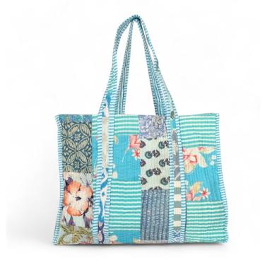 Imagem de Treen Art Bolsas femininas acolchoadas vintage patchwork estampa floral, Turquesa, One Size