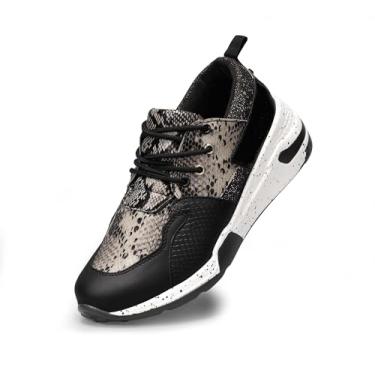 Imagem de LUCKY STEP Tênis feminino de salto alto, plataforma, estilo cliff, retrô, com cadarço, casual, Cobra preta/dourada, 38