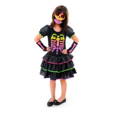 Imagem de Fantasia Halloween pra Menina Vestido Caveira Mexicana Rosa - Fantasia