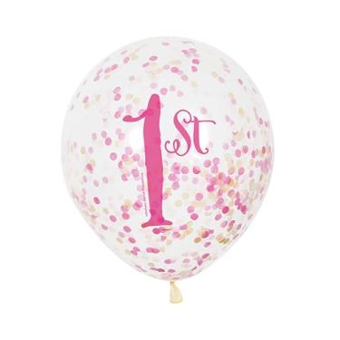 Imagem de Balões de confete de aniversário de 1º aniversário de 30,5 cm, rosa e dourado, 6 unidades