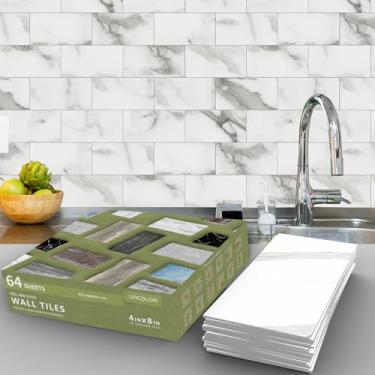 Imagem de URCOLOR Azulejo de parede com 64 peças, revestimento de parede Backsplash de 10 x 20 cm PVC brilhante em azulejos de metrô para cozinha, banheiro, lavanderia, trailer, lareira