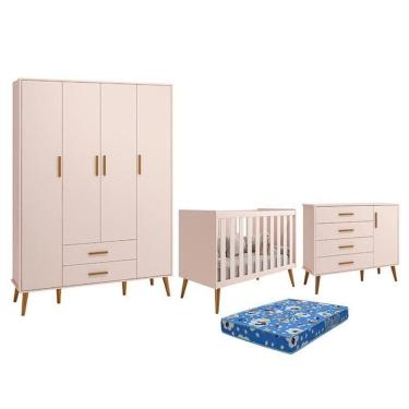 Imagem de Dormitório Infantil Isis Guarda Roupa 4 Portas, Cômoda 1 Porta E Berço Rosa Com Colchão - Reller Móveis Rosa