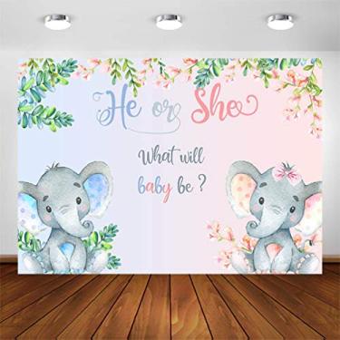 Imagem de COMOPHOTO Elefante Pano de fundo revelador de gênero flores rosa ou azuis para chá de bebê fundo para fotografia ele ou ela faixa de festa revelação de gênero para decoração de mesa (2,1 x 1,5 m)