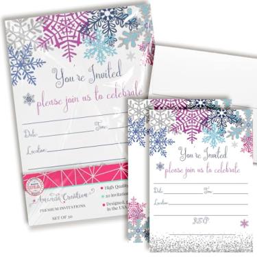 Imagem de Convites de festa de aniversário de floco de neve de inverno, conjunto de 20 cartões de enchimento de 12,7 cm x 17,7 cm com vinte envelopes brancos da AmandaCreation
