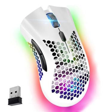 Imagem de VEGCOO Mouse para jogos sem fio, clique silencioso, sem fio, recarregável, com luzes LED coloridas e bateria de lítio de 3 níveis DPI 400 mAh para laptop e computador (branco C23)