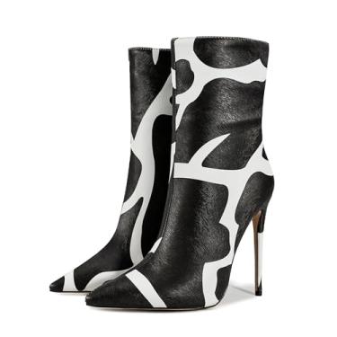 Imagem de Rock88 Salto agulha feminino médio alto, bico fino, zíper lateral, botas de couro de camurça leopardo macias e confortáveis para um ano inteiro, branco, 37