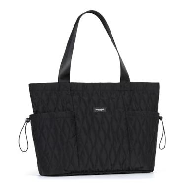 Imagem de Bolsa feminina SATIN SAINT com bolsos laterais, bolsa de ombro casual de 16L com ajuste lateral, bolsa de viagem leve acolchoada para faculdade, escritório, trabalho, academia, mercearia, Preto, One