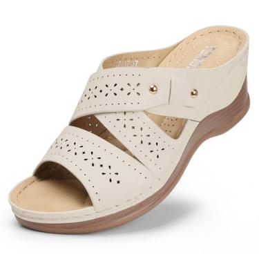 Imagem de TEMOFON Sandálias de cunha para mulheres verão: sandálias elegantes de salto baixo preto/azul marinho/branco, caminhada confortável, suporte de arco, sapatos casuais de verão, tamanho 5-11, Bege, 37