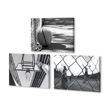Imagem de KAWAHONE 3 painéis arte de parede preto e branco - impressões de arte de basquete antigo - basquete e vista de ângulo baixo cesta de basquete arte em tela esportiva para quarto de meninos pronto para
