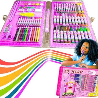 Imagem de Kit material escolar menino infantil papelaria masculino maleta de pintura fofo peças estojo azul lapis canetinhas regua borracha apontador volta as aulas dia das crianças (Rosa)