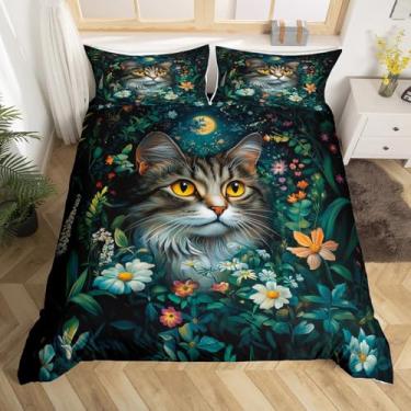 Imagem de Capa de edredom de gato para animais de estimação, tamanho solteiro, capa de edredom fofa de animais de fazenda com 1 fronha, conjunto de cama boêmia noite na selva 2 peças (não edredom), capa de