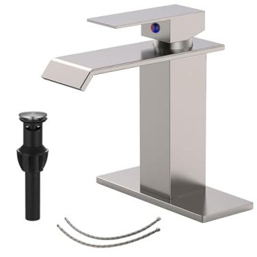 Imagem de BATHLAVISH Torneira de pia de banheiro cachoeira, torneira de banheiro de níquel escovado, orifício único, alça única, vaidade de banheiro moderna RV com ralo pop-up com transbordamento