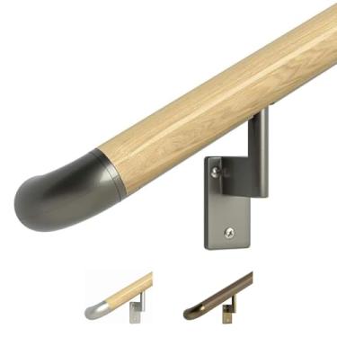 Imagem de Corrimão de 45,72 cm – Kit completo. Apenas para uso interno. Carvalho vermelho genuíno ligado ao núcleo de alumínio, 2 suportes de champanhe pintados + retorno de parede ADA, redondo de 4 cm