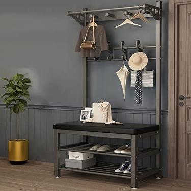 Imagem de Cabide de entrada, banco de sapato, árvore de corredor 3 em 1 com banco de armazenamento, organizador de prateleira de armazenamento com 10 ganchos e sapateira de 3 níveis, móveis de destaque com