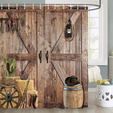 Imagem de Viajar Cortina de chuveiro rústica com porta de celeiro de madeira, multi1, 183 cm L x 182 cm C