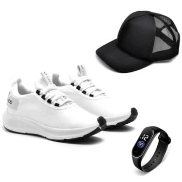 Imagem de Kit Tênis Esportivo Masculino para Academia, Corrida e Caminhada + Relógio e Boné (Branco, BR, Adulto, Numérico, 39)
