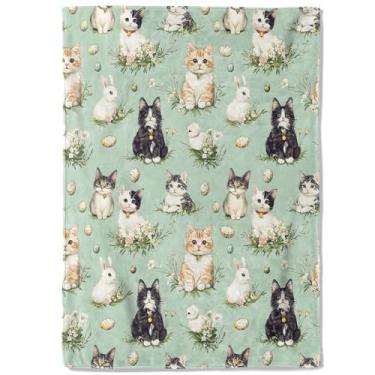 Imagem de coedoaes Cobertor de lã de gato e coelho – 127 x 152 cm, coelho fofo e verde ovo de Páscoa, macio, aconchegante, leve, ideal para sala de estar, decoração azul e presente de primavera para crianças,