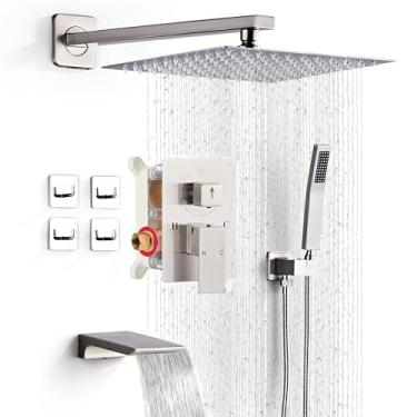 Imagem de LCEVCGK Conjunto De Torneira De Chuveiro Completo Com Sistema De Chuveiro De Bica De Banheira Montado Na Parede Com Chuveiro De Chuva De 12 Polegadas E Chuveiro De Mão, Combinação De Chuveiro De Chu