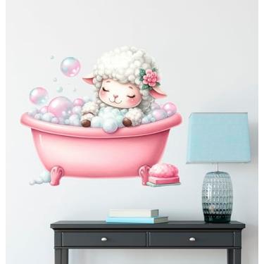 Imagem de Adesivos de parede de banho de ovelhas fofas, adorável cordeiro girafa bolha fazendeiro animais decoração vinil impermeável removível papel de parede murais para berçário crianças quarto de bebê