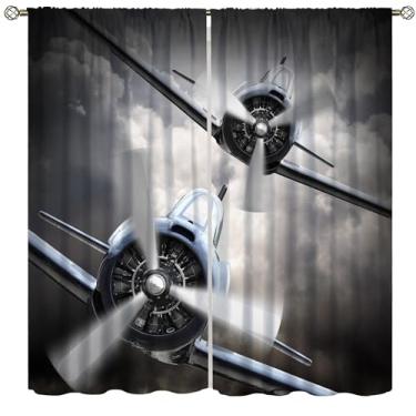 Imagem de AAVEUP Cortinas blackout de avião para meninos, vintage dos anos 70, cinza antigo, hélices militares, helicópteros, cortinas de janela, estampa para crianças, adolescentes, berçário, quarto, sala de