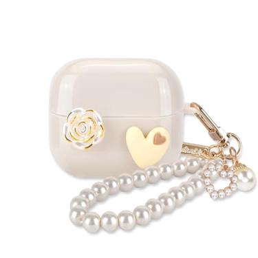 Imagem de CameCosy Capa para Samsung Galaxy Buds 3/Galaxy Buds 3 Pro com lindo chaveiro de pulso pérola, design Love Heat, macia, à prova de choque, capa premium - bege