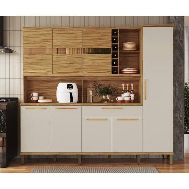 Imagem de Cozinha Compacta 222cm com 8 Portas 1 Gaveta e Mini Adega 100% Mdf Suécia Espresso Móveis Amêndoa/Off White
