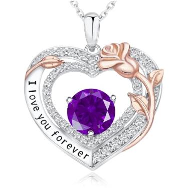 Imagem de Colar de rosa de coração presentes para namorada, prata esterlina 925 colares de joias com pedra do mês de nascimento para mulheres, aniversário de casamento, dia das mães, presentes de Natal para esposa, mãe, namorada, filha, mulheres, Banhado a ouro 18K, Ametista
