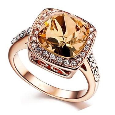 Imagem de Acefeel Anéis femininos de topázio de zircônia cúbica brilhante amarelo banhado a ouro rosa 18K, Pedra Liga de cobre Pedra, Cristal