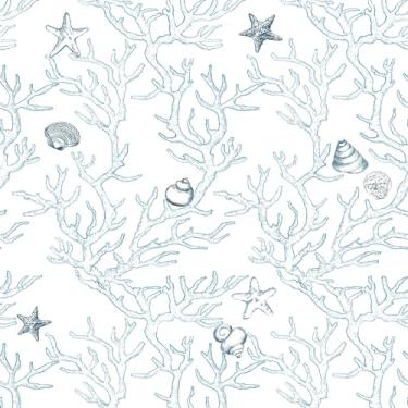 Imagem de WENMER Papel de parede floral descasque e cole 45 x 1000 cm, papel de parede coral branco e azul claro coral/concha/estrela do mar, papel de contato com textura autoadesiva, papel de parede removível para locatários, banheiro, quarto de crianças
