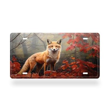 Imagem de Fox Young Red Fox Listening to Something in Woodland Style License Plate Cover - Etiqueta artística de alumínio para carro, à prova de ferrugem, design exclusivo - 15 x 30 cm