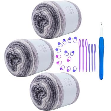 Imagem de Hobekoee Fio de bolo para crochê, fio de crochê colorido 3 x 100 g, 60% algodão, 30% acrílico, 10% lã, fio de algodão ombré gradiente macio para suéter de crochê, cobertor, luva