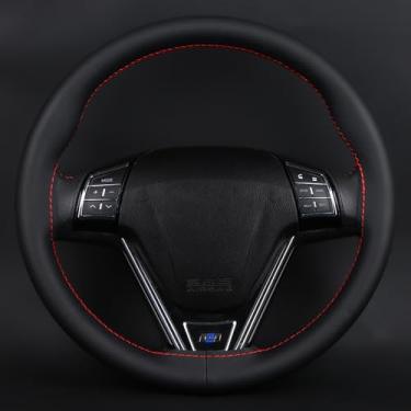 Imagem de Capa de volante de carro costurada à mão com textura de lichia em couro superfibra, tamanho padrão de 36,8 a 38 cm, design universal, antiderrapante e confortável, vermelho