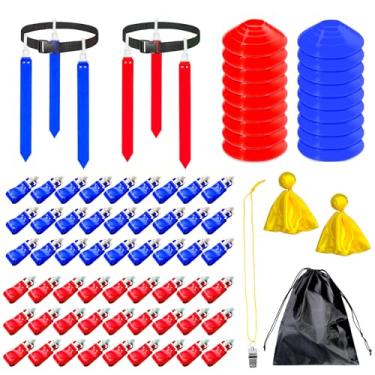 Imagem de TANEMUDO Conjunto de 92 peças de bandeira de futebol americano para 16 jogadores com 54 bandeiras, 16 cintos, 18 cones e acessórios, incluindo bandeiras de penalidade, apito e bolsa de armazenamento