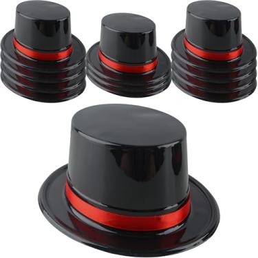 Imagem de SGBETTER 12 Pack Adults Top Hats Bulk Black Glitter Top Hat with Red Band Plastic Magician Hat for Men Women Dress Up Supplies (Color Style 3 (PVC Glossy))