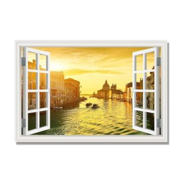 Imagem de Janela de arte de parede com impressão em tela. Vista de janela falsa. Impressão de imagem natural em tela. Arte de parede para sala de estar. (Nascer do sol no Grande Canal de Veneza). Somente tela