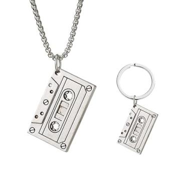 Imagem de ONLYJUMP Colar com pingente de fita casette dos anos 70, 80, para mulheres e homens, banhado a prata, retrô, fita musical personalizada, chaveiro, pingente de metal, corrente ajustável, colares hip
