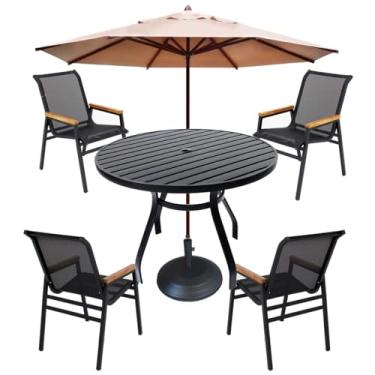 Imagem de Jogo de Jardim Mesa Redonda 90cm Aluminio 4 Cadeiras Pisicna com Braço Madeira e Ombrelone (Preto)
