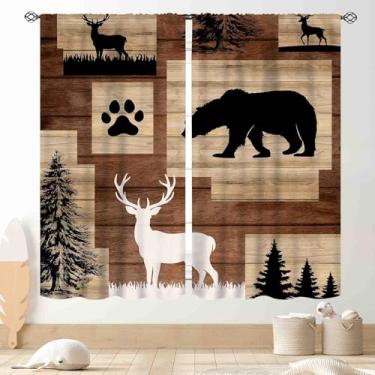 Imagem de Cortinas para casa de fazenda, rústica, retrô, floresta, urso, pinheiro, silhueta, caça, acampamento, casa de campo, chalé, janela, tratamentos para cozinha, quarto, sala de estar, 2 painéis, 107 x