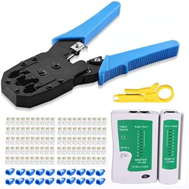 Imagem de Kit de ferramentas de crimpagem Gaobige RJ45, ferramenta de crimpagem Cat5 Cat5e com 100 conectores RJ45 Cat5, 20 tampas conectores RJ45 Cat5 Cat6, testador de cabos, descascador de fios de rede