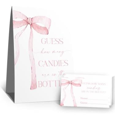 Imagem de Placa Guess How Many Candies (1 placa de pé - 50 cartões de adivinhação) Kit de cartas de jogo de atividades de festa com arco rosa para chás de bebê, festas de recém-nascidos, chá de panela, noivado