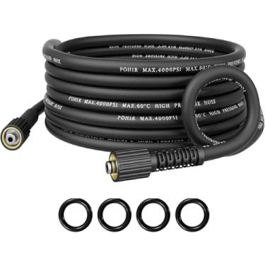 Imagem de POHIR Mangueira de lavadora de pressão de 25 pés, mangueira de substituição resistente a torções de 0,6 cm com mangueira giratória M22 de 14 mm, mangueira de extensão de lavadora de pressão leve