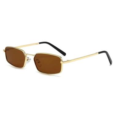 Imagem de HCPIHF Óculos de sol femininos retrô com armação retangular pequena de metal, lentes da moda, uv400, masculino, punk (tamanho único/chá dourado)